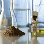 A still life image of laboratory glassware with a small pile of montmorillonite clay and a vial of carvacryl acetate, 100mm macro lens, precise focusing, controlled lighting.