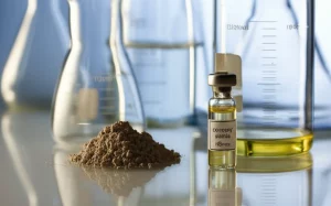 A still life image of laboratory glassware with a small pile of montmorillonite clay and a vial of carvacryl acetate, 100mm macro lens, precise focusing, controlled lighting.