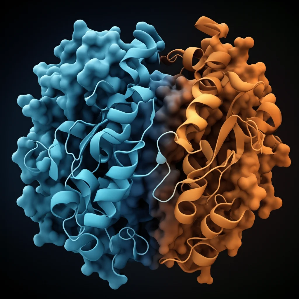 A striking artistic visualization of the CYP1B1 protein, highlighting its structured core and flexible, intrinsically disordered regions using contrasting textures and a dynamic color palette (e.g., cool blues for ordered, warm oranges for disordered), 35mm lens, depth of field, dramatic lighting.