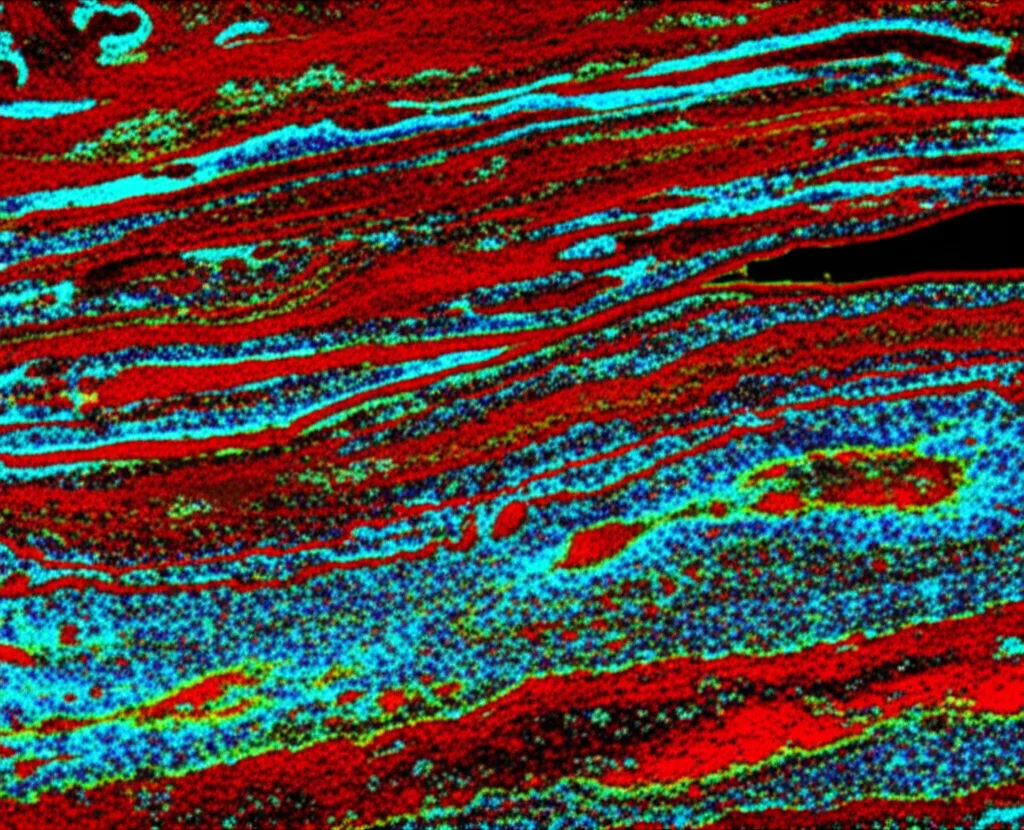 A highly detailed macro photograph (100mm) of a human lymphoid tissue section stained with multiple fluorescent colors, showing different immune cell types spatially mapped at single-cell resolution under controlled lighting, representing the multiplex immunofluorescence technique.