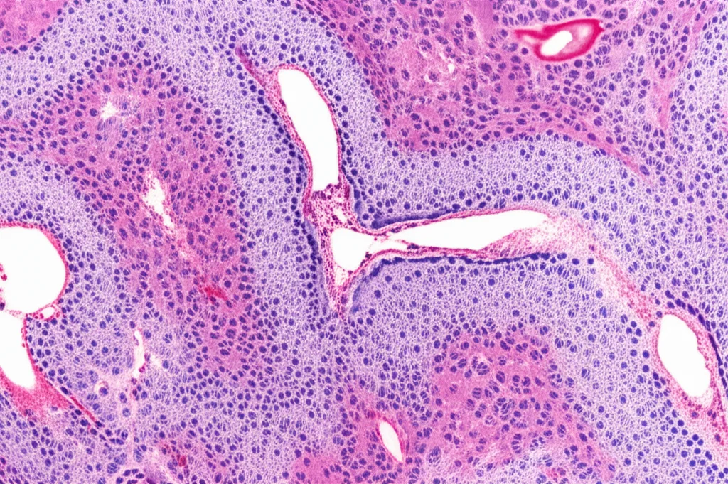 A macro photograph (60mm) showing the distinct cellular architecture of a human spleen section, highlighting red and white pulp areas with precise focusing and controlled lighting, representing immune cell compartmentalization.