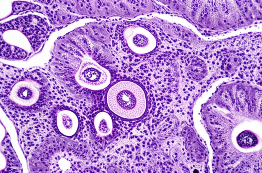 A high-detail macro photograph (105mm) of human intestinal lymphoid tissue (ileum or appendix), showing immune cells within follicles and extra-follicular regions under controlled lighting, representing tissue-specific distribution of ILCs.