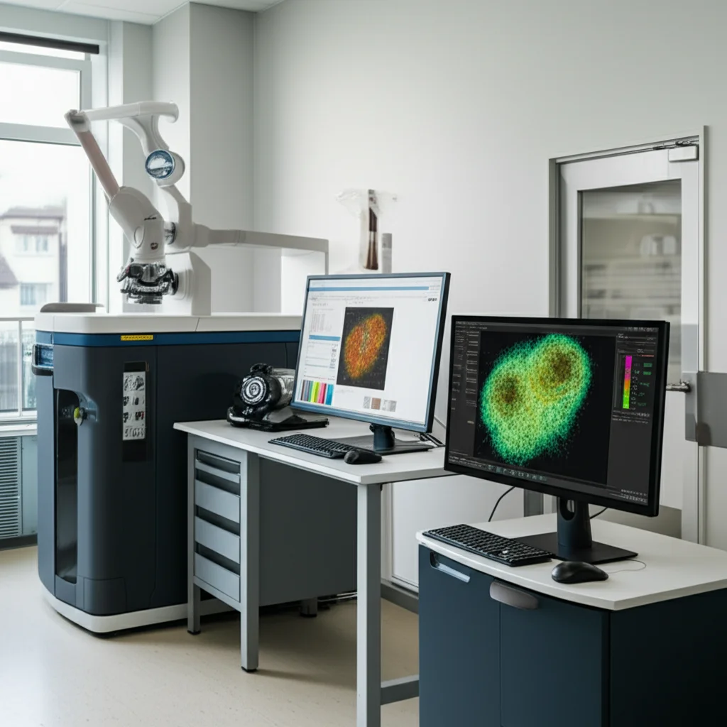 A photorealistic image of a modern pathology lab setting with advanced imaging equipment and a computer screen displaying complex spatial mapping data of immune cells, representing a new diagnostic tool for analyzing tissue microenvironments.