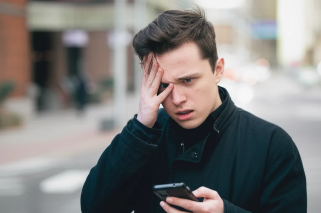 Portrait photography, 35mm portrait, a person looking stressed while trying to use a phone, depth of field, set in a UK urban environment.