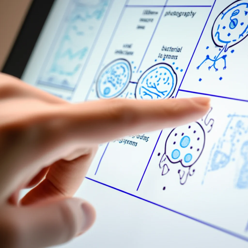 Object photography, 100mm macro lens, high detail, precise focusing, controlled lighting, a hand pointing at a diagram explaining bacterial vs viral infections.