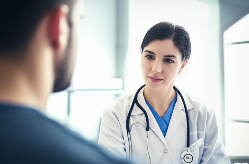 Portrait photography, 35mm portrait, a healthcare professional listening intently to a patient, depth of field, set in a modern clinic.