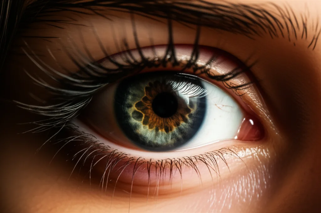 Close-up macro shot of a human eye and cheek, 60mm macro lens, high detail, controlled lighting