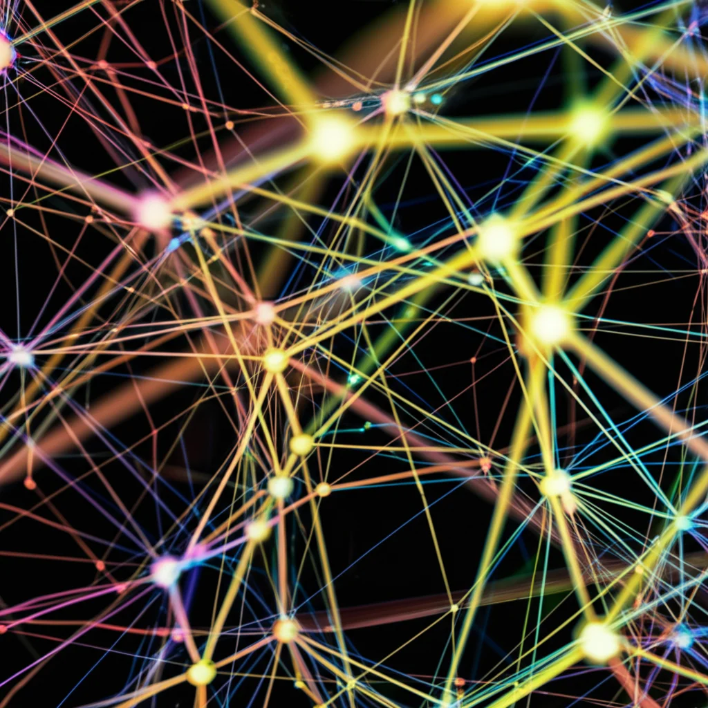 Abstract representation of data flowing through a neural network, sharp focus, controlled lighting