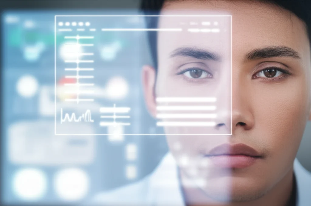 A person interacting with a screen displaying emotional analysis, 35mm portrait, depth of field