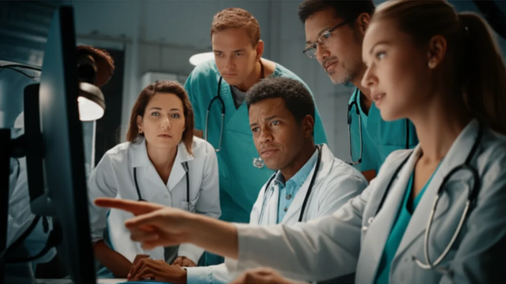 A diverse group of healthcare professionals (doctor, nurse, IT specialist) gathered around a computer screen, collaborating and discussing, 35mm portrait, soft lighting, depth of field.