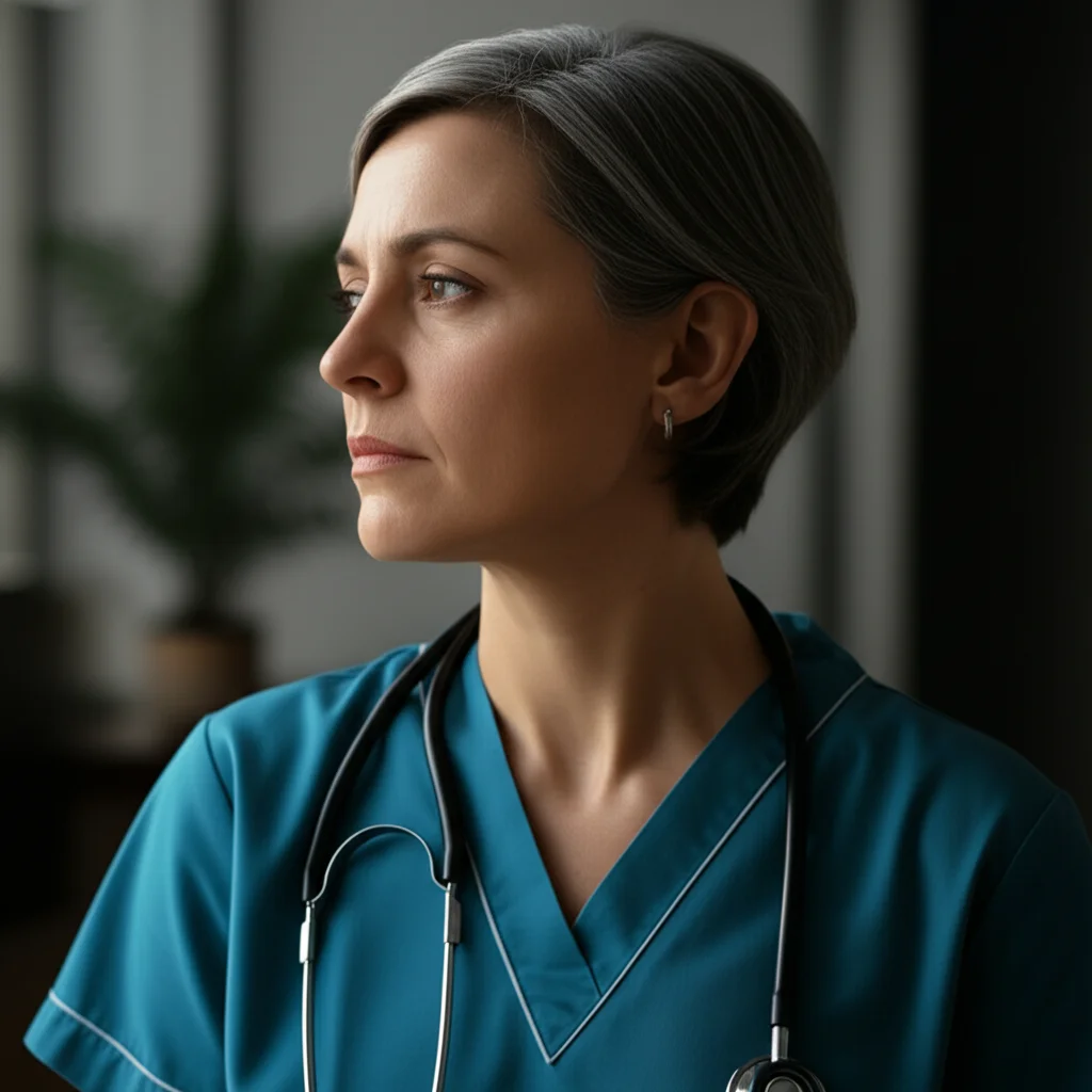 Photorealistic portrait photography, a caregiver looking thoughtfully towards the future, 35mm portrait, soft focus background, representing future research directions