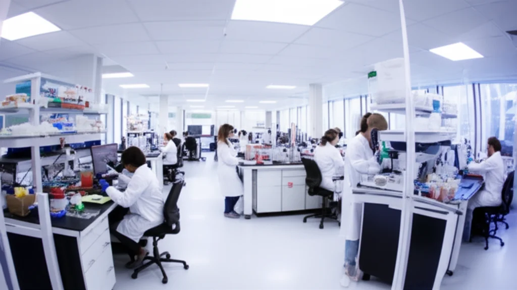 A wide-angle, 24mm shot of a modern research lab with scientists working, symbolizing ongoing efforts in cancer research and treatment development. Sharp focus throughout the scene.