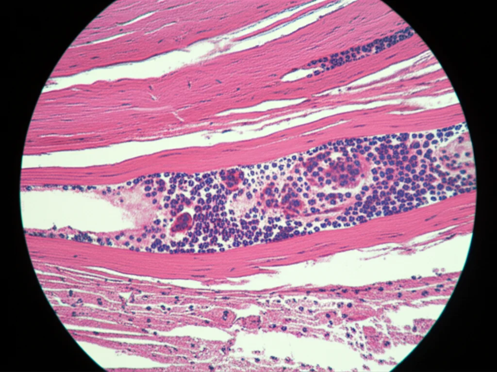 Microscope view, high detail, precise focusing, controlled lighting, showing the histological damage in cattle muscle tissue caused by Cysticercus bovis, with visible inflammatory cells like eosinophils and macrophages.
