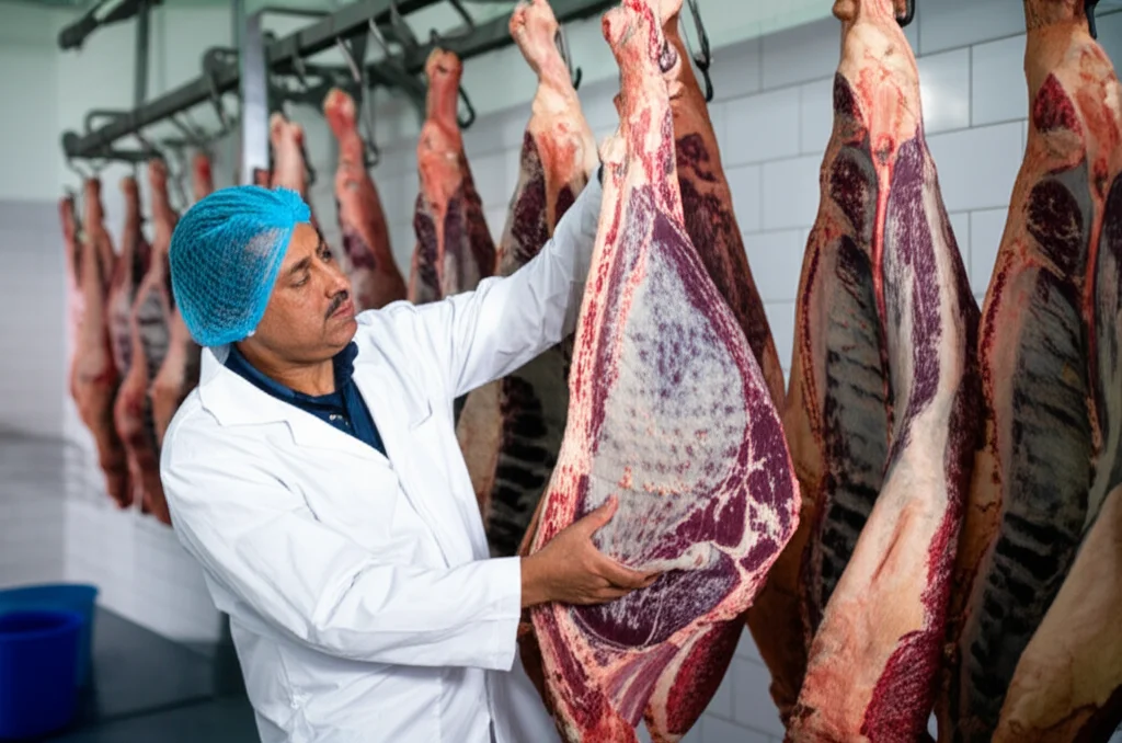 Journalistic style photograph, 35mm lens, depicting a veterinarian in a white coat examining a beef carcass hanging in a clean slaughterhouse environment in Upper Egypt, focusing on the inspection process for food safety.