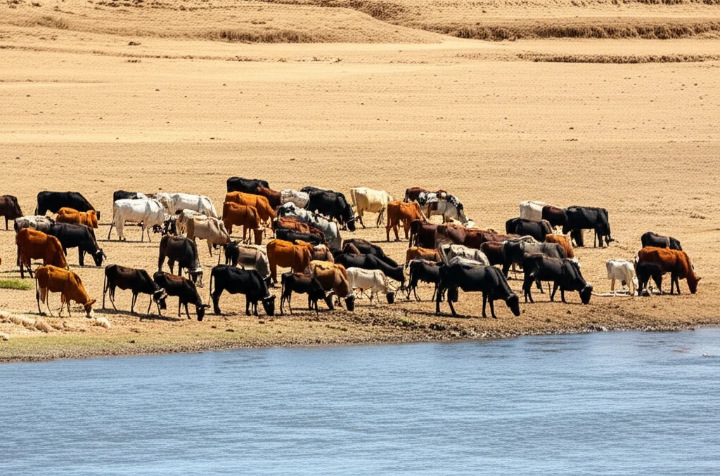 Wide-angle landscape, 24mm lens, showing a herd of mixed local and imported cattle grazing or in a holding pen near a river or water source in the arid landscape of Upper Egypt, highlighting the environmental context.