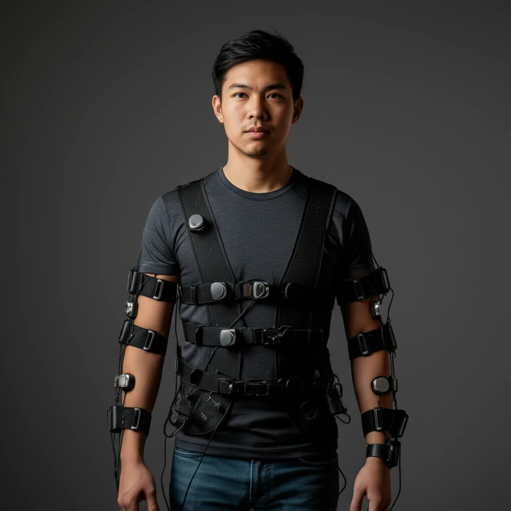 A person wearing multiple inertial sensors on limbs and torso, 35mm portrait, high detail, controlled lighting.