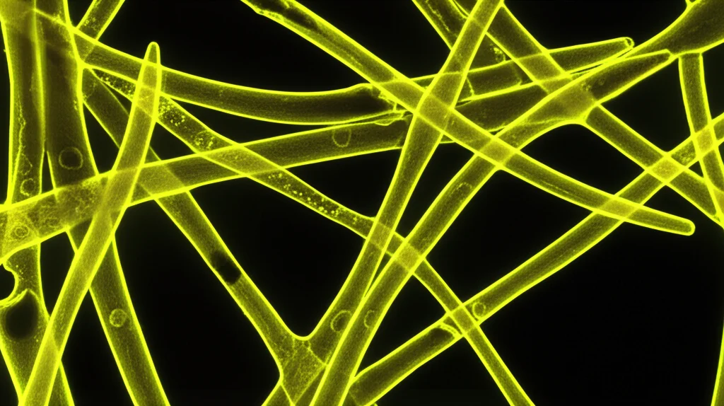 Close-up macro shot under controlled lighting of genetically engineered Saccharomyces cerevisiae yeast cells glowing faintly, representing metabolic activity and engineering efforts.