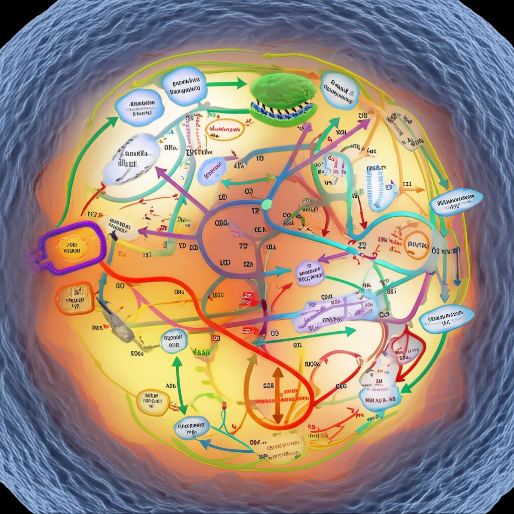 3D rendering of a complex metabolic pathway map inside a stylized cell, showing different modules (glycolysis, mitochondria, PDH bypass) highlighted with distinct colors and arrows indicating increased flux. Precise focusing on the intricate network.