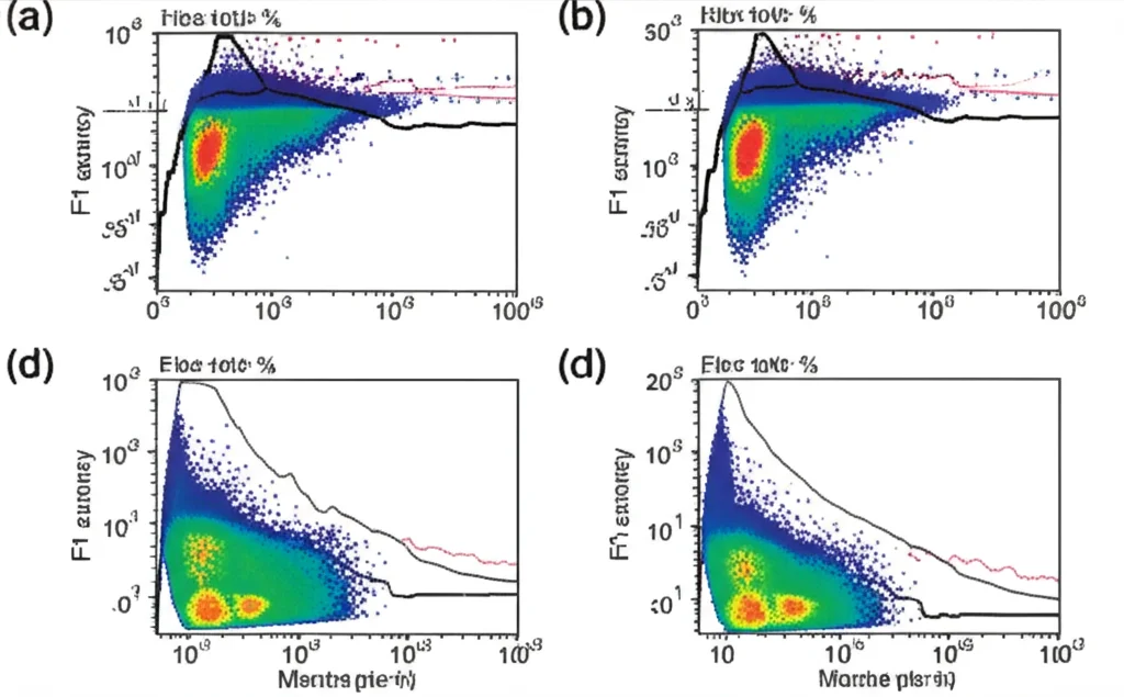 Scientific data visualization showing comparative F1 scores between automated and manual flow cytometry gating methods, high detail, precise focusing, controlled lighting.