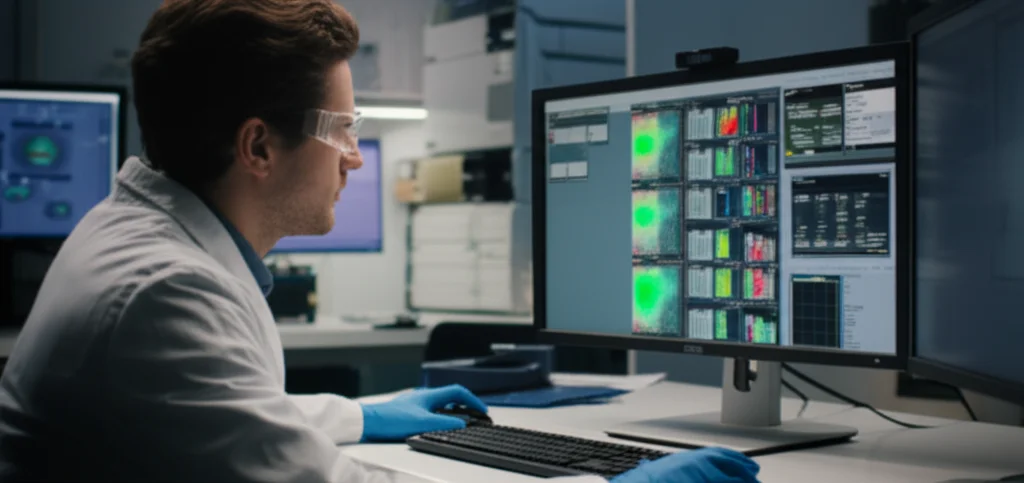 Scientist reviewing high-parameter flow cytometry data visualization on a large monitor in a modern lab, wide-angle 24mm, depth of field, controlled lighting.