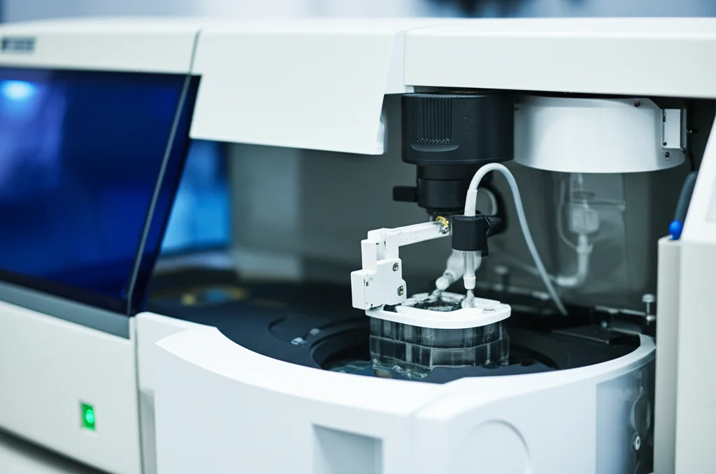 Close-up of a flow cytometer instrument in a clean laboratory setting, macro lens, 100mm, high detail, precise focusing, controlled lighting.