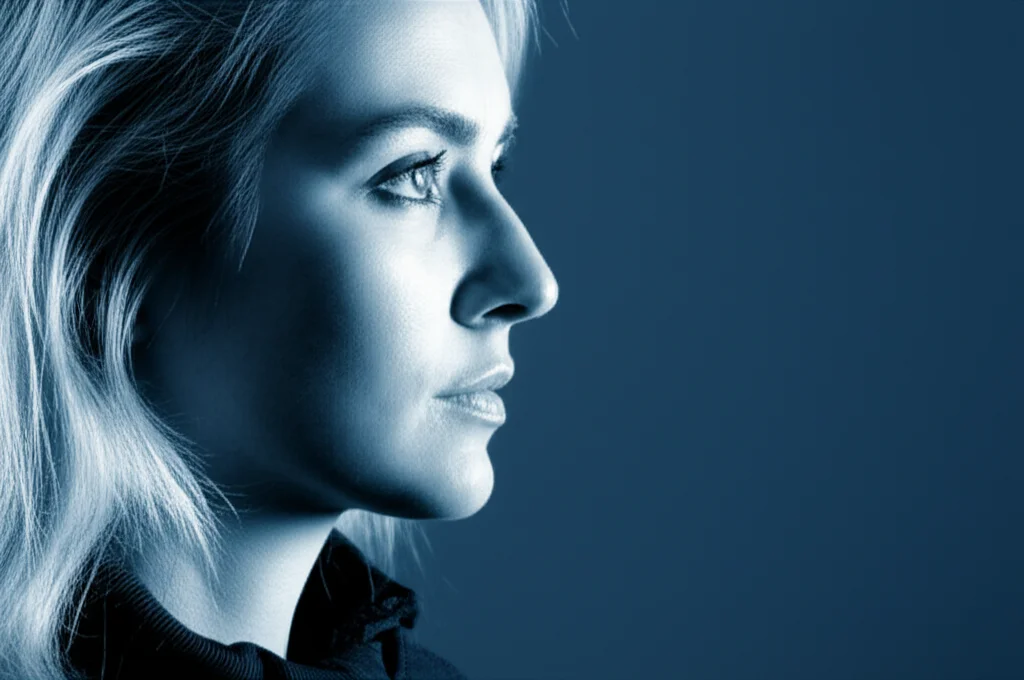 A woman looking towards the future, 24mm portrait, blue and grey duotones, symbolizing health outlook.