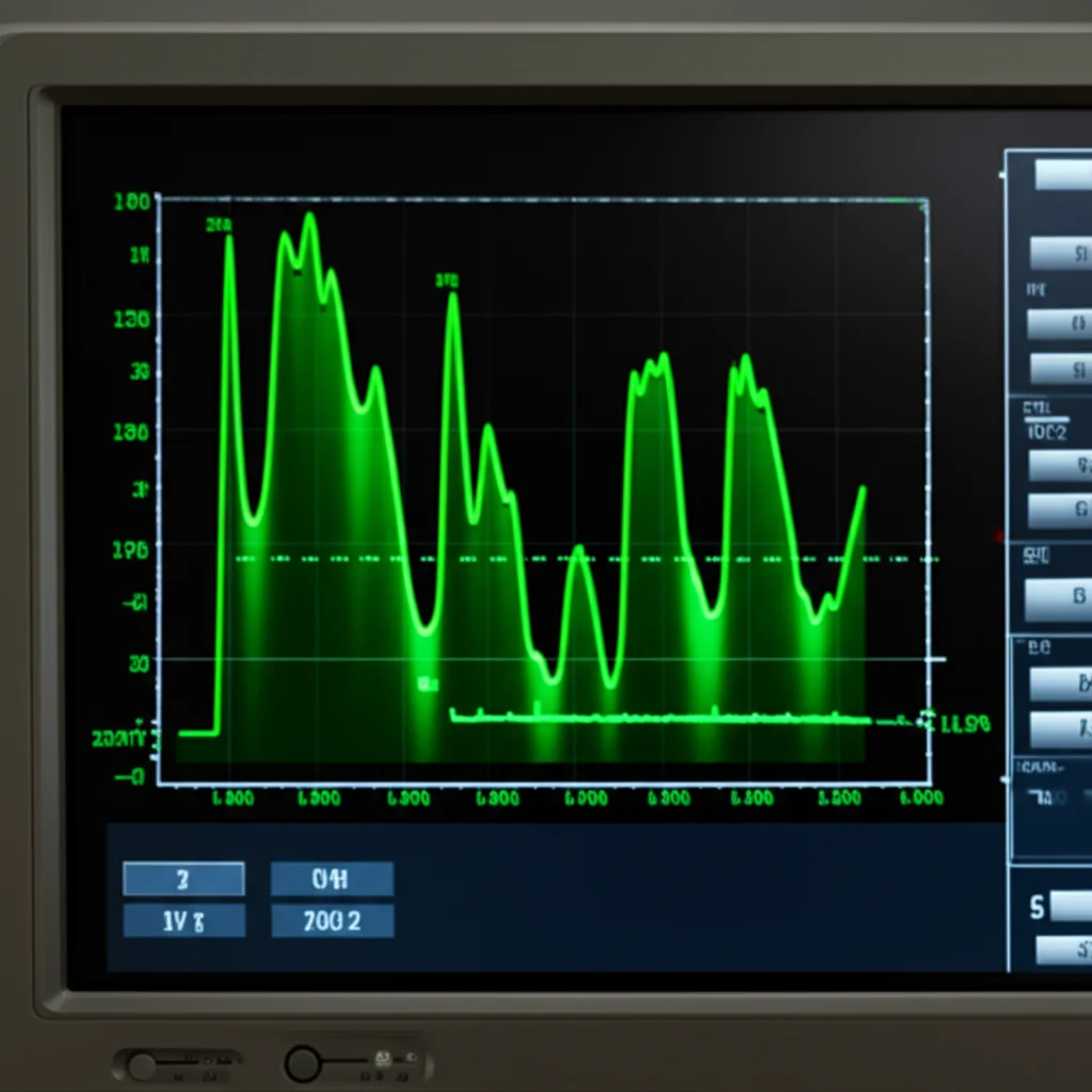 Prompt: A macro lens, 60mm view of a medical monitor displaying real-time indocyanine green clearance data, precise focusing, controlled lighting, showing a graph.