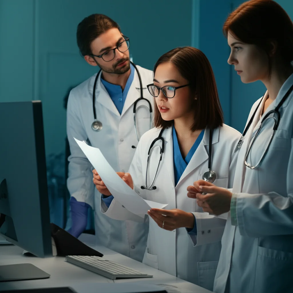 Prompt: A 24mm portrait lens view of a medical team discussing patient data around a monitor in a hospital setting, soft lighting, depth of field.
