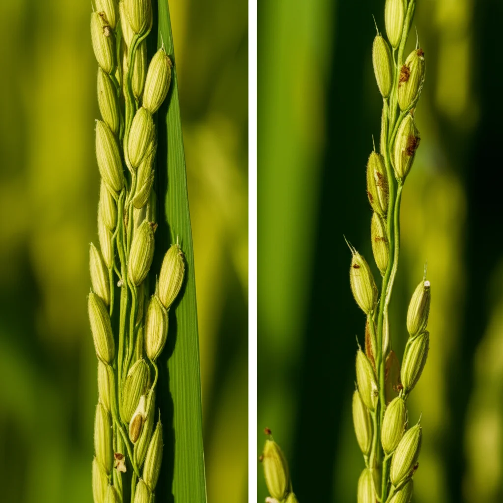 Macro lens, 100mm, high detail, precise focusing image showing a comparison between a rice panicle with high seed setting rate (full of grains) and one with low seed setting rate (sparse grains).