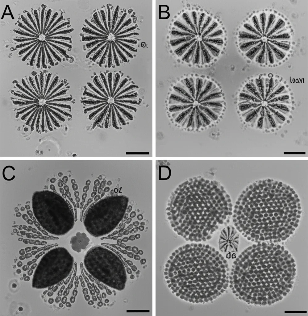 Macro lens, 60mm, high detail, precise focusing, controlled lighting image showing microscopic views of rice pollen mother cells during meiosis, contrasting stable bivalent pairing in one cell with disorganized multivalent and univalent pairing in another.