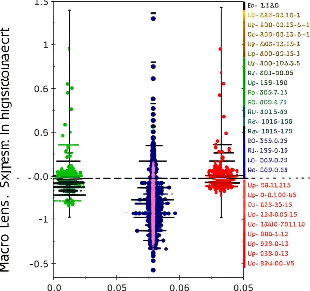 Macro lens, 60mm, high detail, precise focusing image of a bioinformatics visualization, specifically a volcano plot, showing differentially expressed genes between two rice lines, with distinct clusters of up-regulated and down-regulated genes.