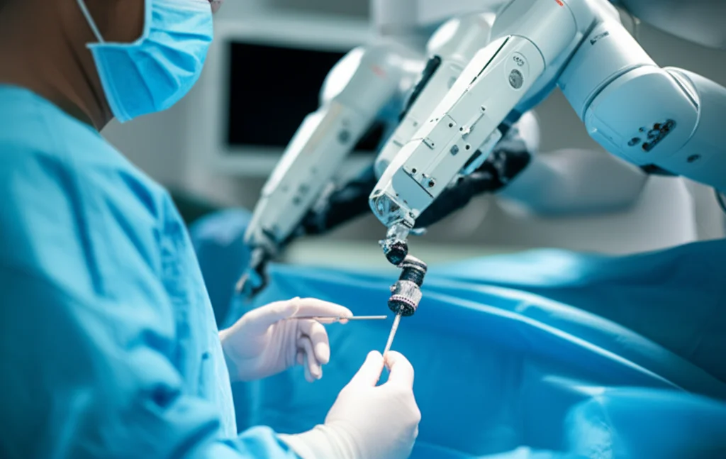 A surgeon using a robotic arm during orthopaedic surgery, telephoto zoom lens, fast shutter speed, movement tracking, depth of field