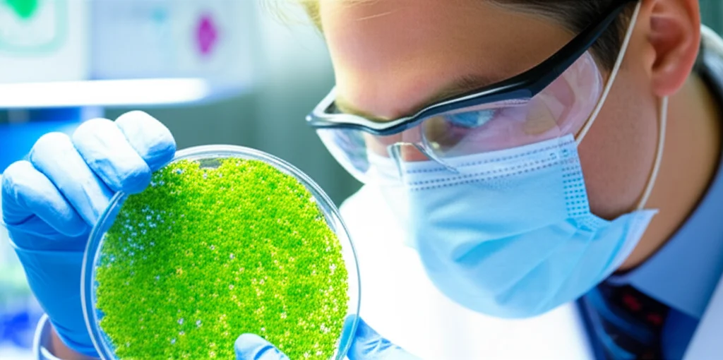 A scientist examining duckweed samples in a lab setting with controlled lighting, macro lens, 60mm, high detail, precise focusing, representing the research and modeling aspect.