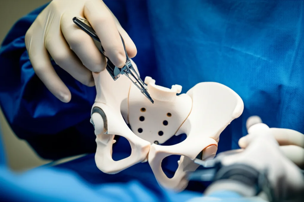 A surgeon's hands holding patient-specific instrumentation over a 3D printed model of a hip joint. Macro lens, 105mm, high detail, precise focusing, controlled lighting.