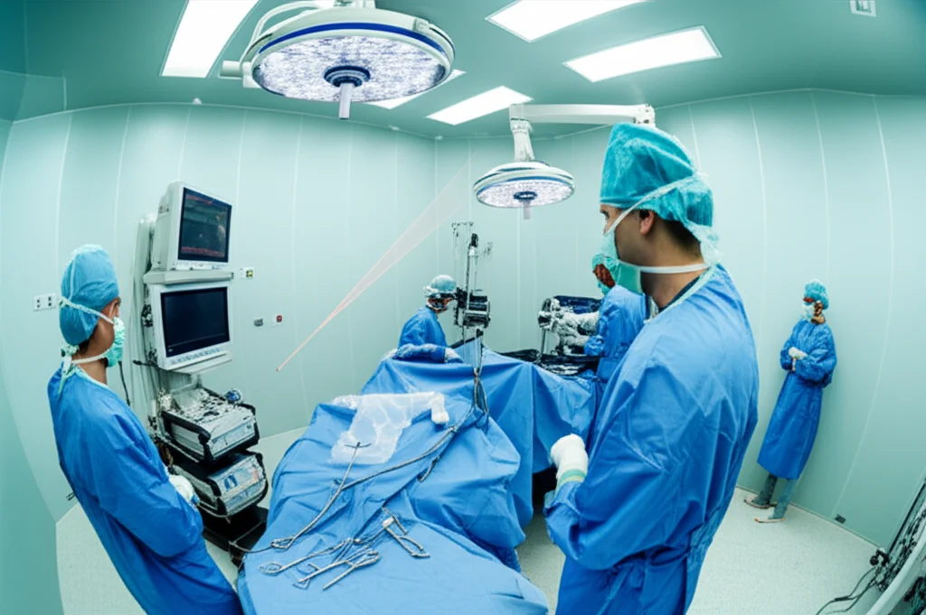 A wide-angle view of an operating room during hip surgery, showing a laser beam projected onto the wall as part of a guidance system. Wide-angle lens, 24mm, sharp focus, controlled lighting.