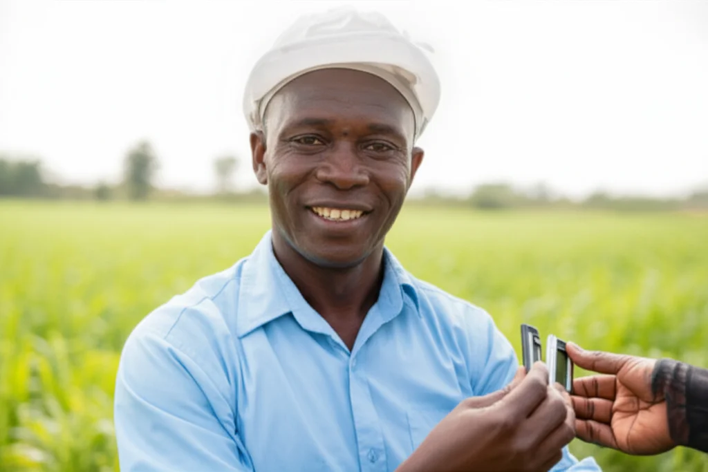 portrait photography, 24mm, South African field worker taking health measurements, controlled lighting, gentle smile