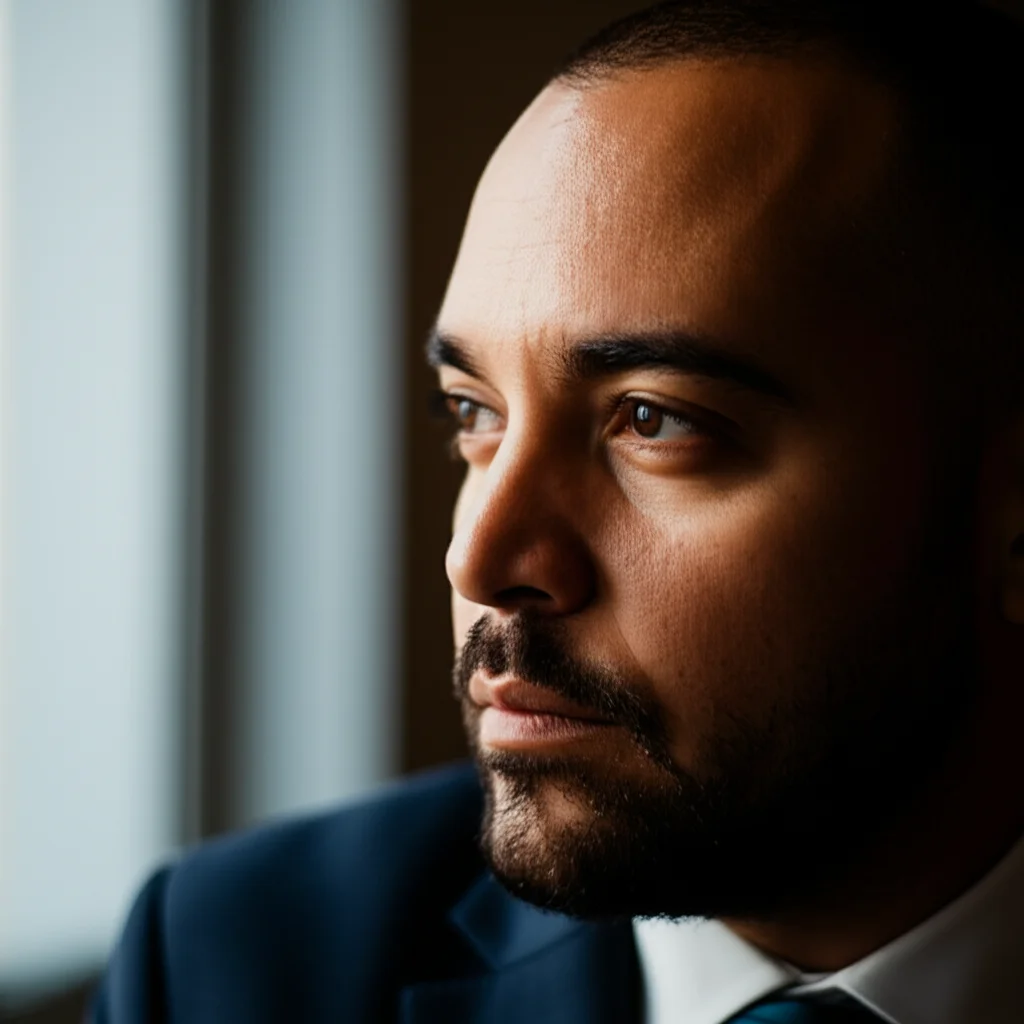 Close-up portrait of a thoughtful business leader, 35mm portrait, depth of field, natural light filtering through a window.