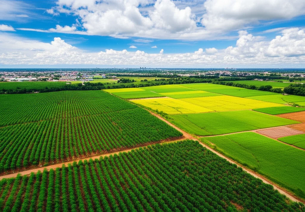 Photorealistic image showing a mix of land uses in Southeast Asia - perhaps a patch of rubber plantation next to agricultural fields and a glimpse of a built-up area in the distance, wide angle 24mm lens, sharp focus, vibrant colors.