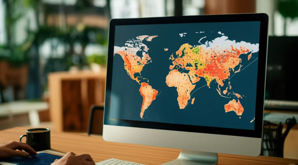 Photorealistic image illustrating data analysis or mapping related to health risk, perhaps showing a computer screen displaying a complex map with overlaid data points or heat maps, with a subtle hint of a tropical setting in the background, 35mm portrait lens, depth of field.