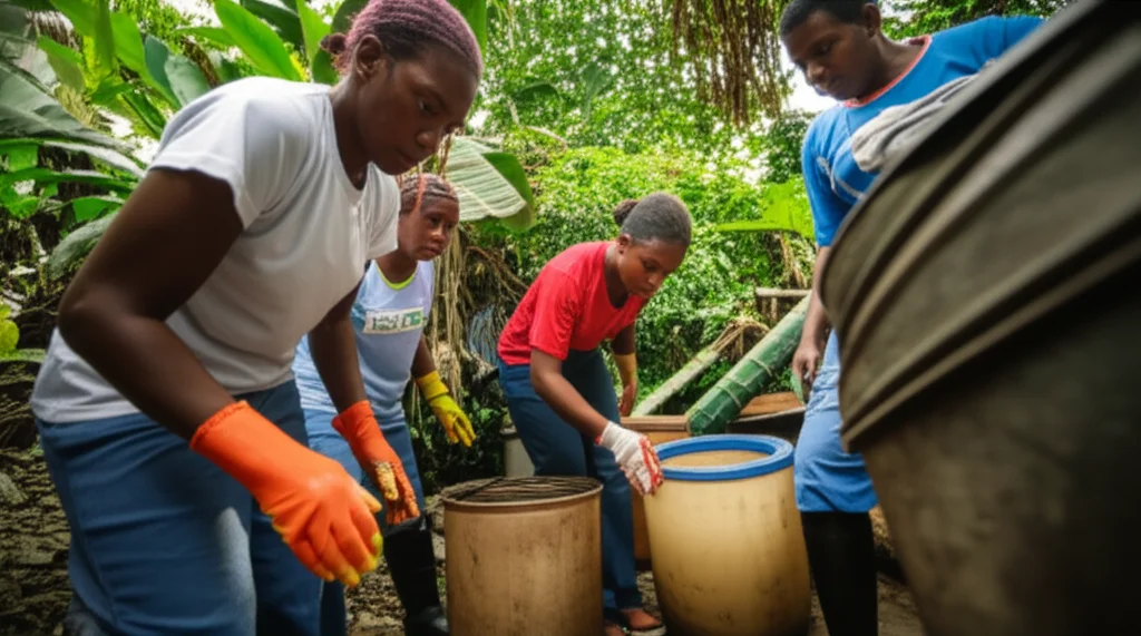 Photorealistic image depicting community-based public health action in a tropical setting, showing local residents and health workers collaborating on mosquito control efforts, perhaps inspecting water containers or clearing debris, 35mm portrait lens, vibrant colors, controlled lighting.