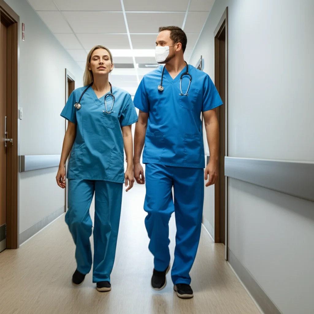 Photorealistic motion telephoto zoom 100-400mm, fast shutter speed, movement tracking, capturing a patient walking down a hospital corridor with a physical therapist, showing determination.