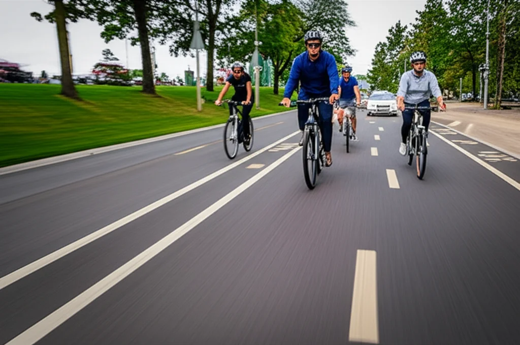 Photorealistic image of different types of cyclists (conventional, e-bike, s-pedelec) riding on a well-designed cycling path separated from car traffic, wide-angle lens, 24mm, sharp focus, urban park setting.