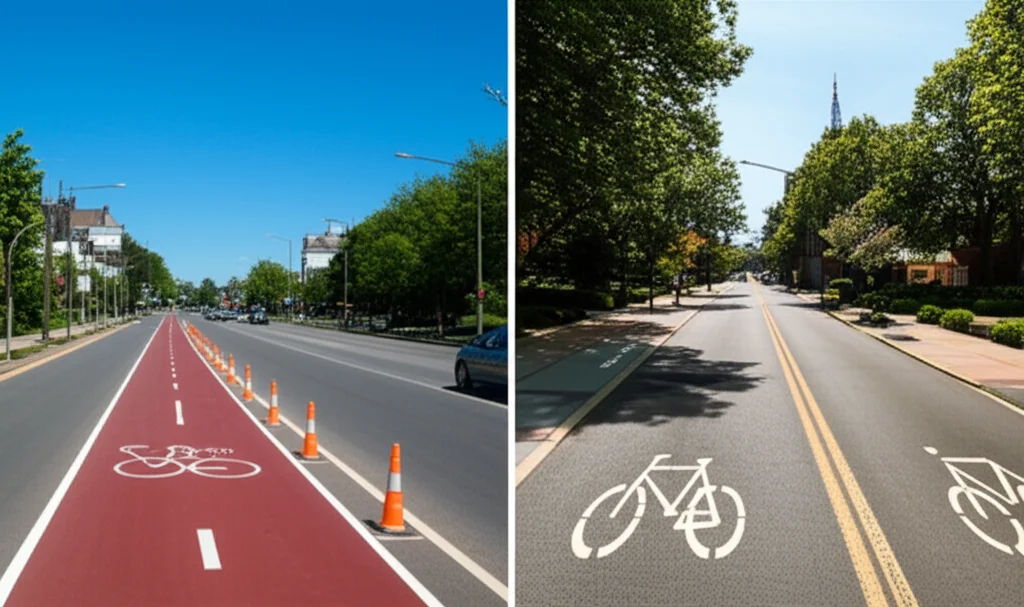 Photorealistic image showing a comparison between a main street with a dedicated, physically separated cycling path and a quiet, traffic-calmed neighborhood street with bike markings, landscape wide angle lens, 24mm, sharp focus, sunny day.