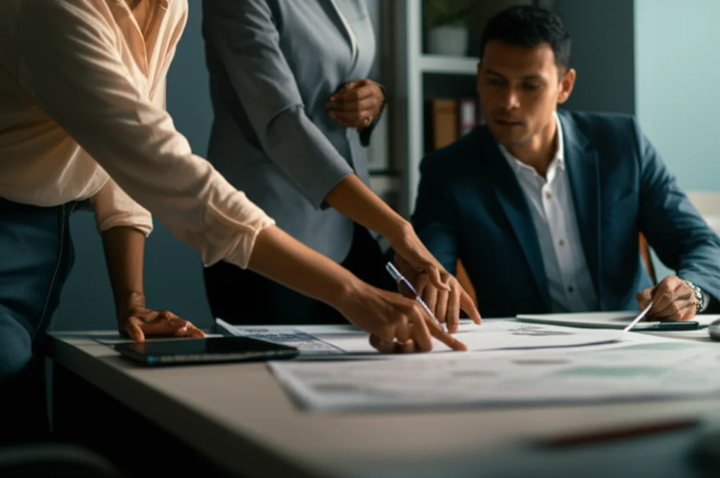 Photorealistic image showing urban planners discussing maps and designs for new cycling infrastructure, portrait photography, 35mm, depth of field, modern office setting.
