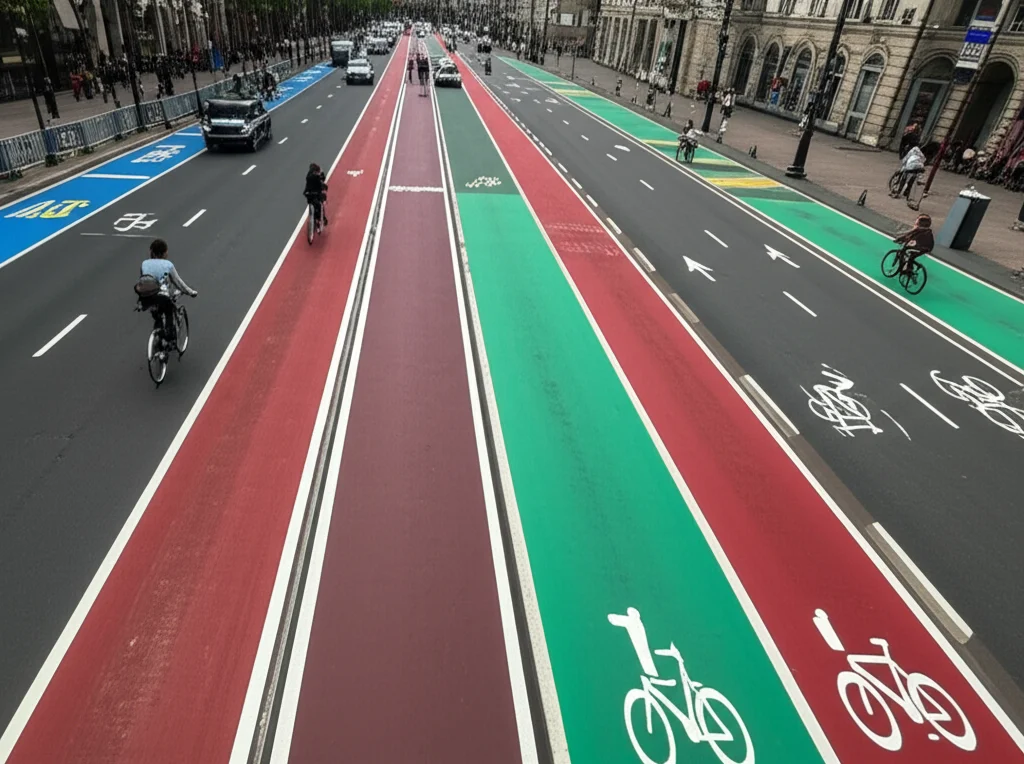 Photorealistic image showing a diverse urban street scene with various types of cycling infrastructure integrated, including separated paths, painted lanes, and shared streets, landscape wide angle lens, 24mm, sharp focus, bustling city environment.