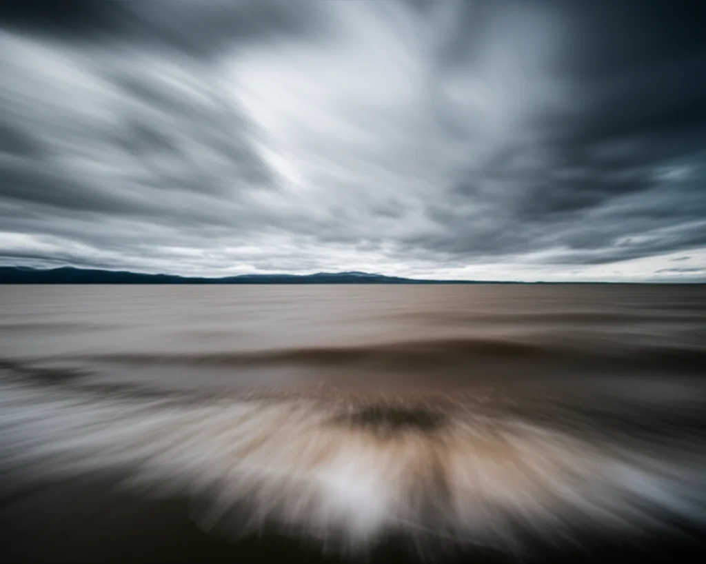 Wide-angle landscape of a vast freshwater lake under a dramatic sky, showing turbulent water near the shore and hinting at unpredictable conditions. 10mm wide angle lens, sharp focus, long exposure for smooth clouds.