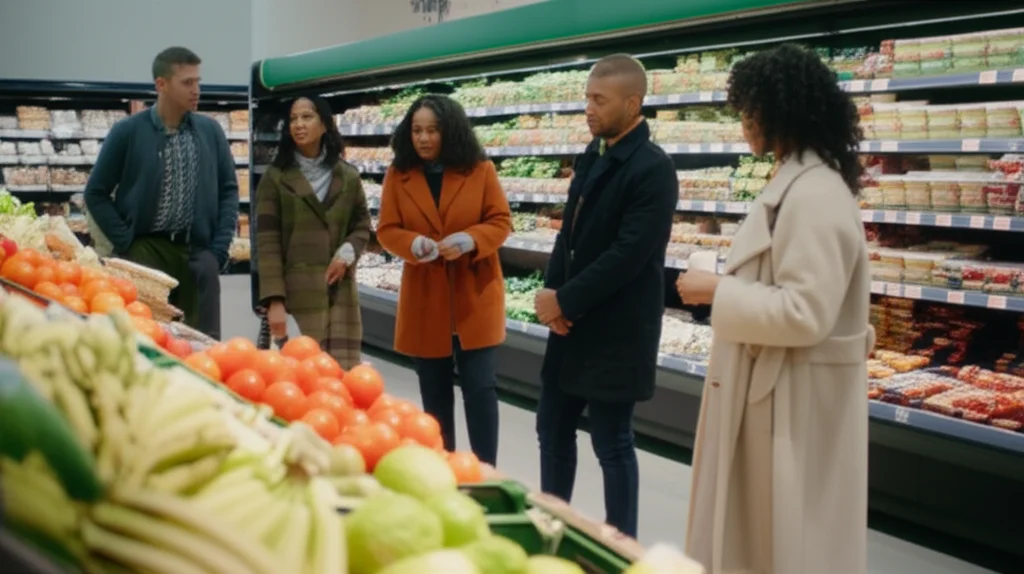 A diverse group of people standing in a bright, modern grocery store aisle, some looking at fresh produce with interest, others glancing at packaged goods. 35mm portrait, natural lighting, depth of field.