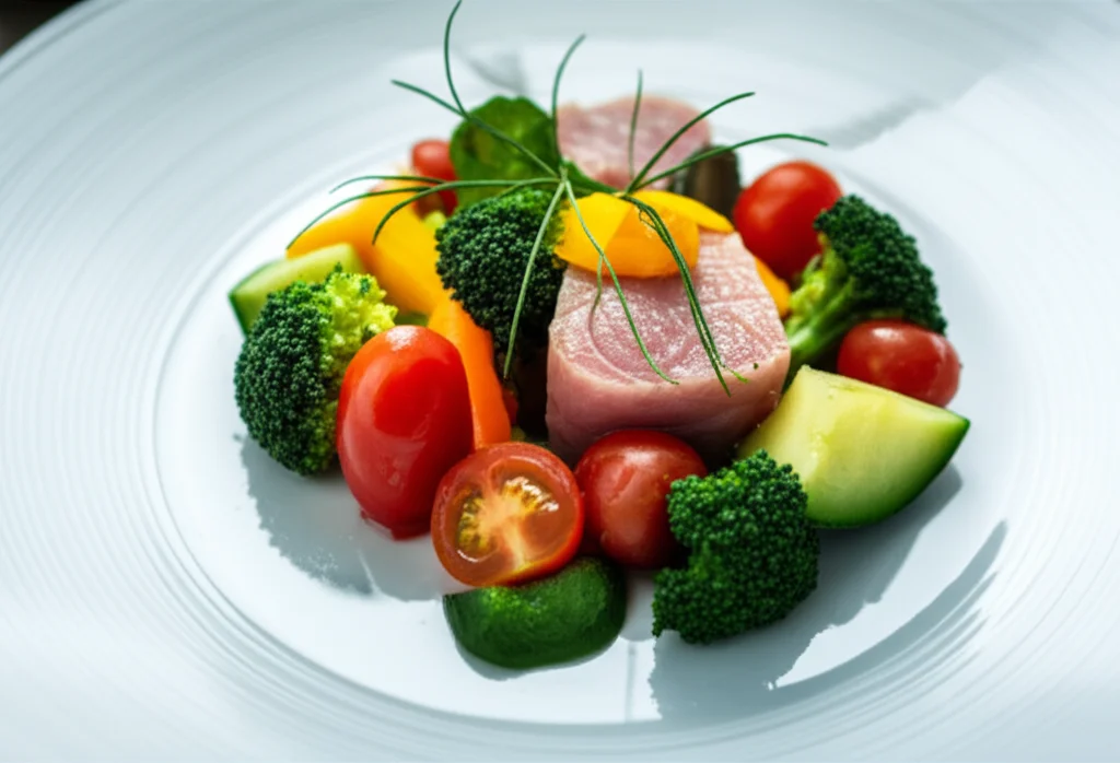 A plate of colorful, fresh vegetables and lean protein, shot with a 100mm Macro lens. High detail, precise focusing on the texture of the food, controlled lighting highlighting the freshness.