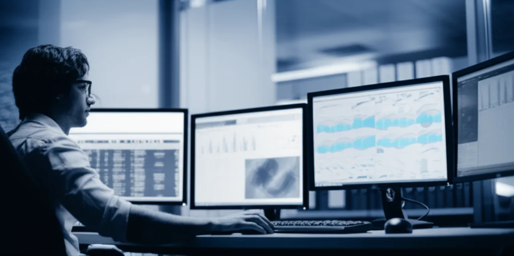 A researcher analyzing complex genomic data on multiple screens in a modern lab, 35mm portrait, depth of field, blue and grey duotones