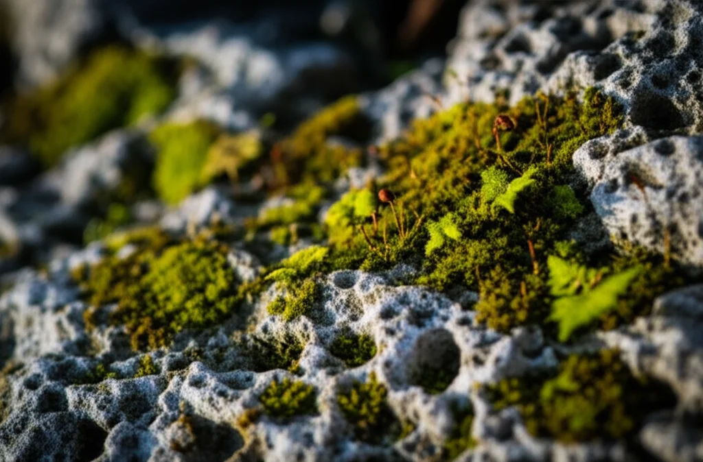 Macro photography, 60mm lens, high detail, precise focusing, controlled lighting, close-up of lush green moss and small plants growing on Karst rock formations.